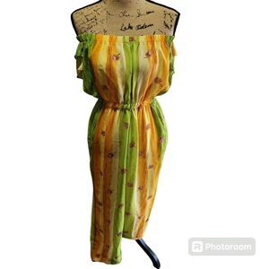Vintage Disco Multi Color Ruffle Strapless Jumpsuit Rainbow Bold Strapless